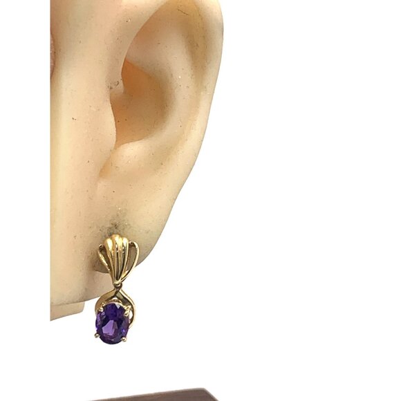 14k Yellow Gold Oval Purple Gemstone Women's Dangle Earrings Estate Jewelry - Picture 6 of 14